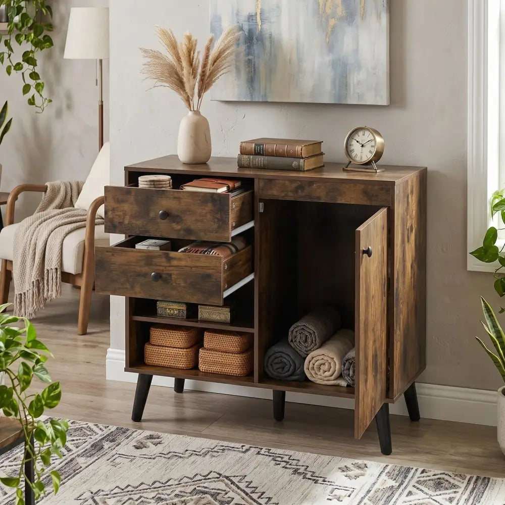 31’’ Sideboard Cabinet with 2 Open Compartments and 2 Drawers-Rustic Brown - Rustic Brown - Sideboards Cabinets &