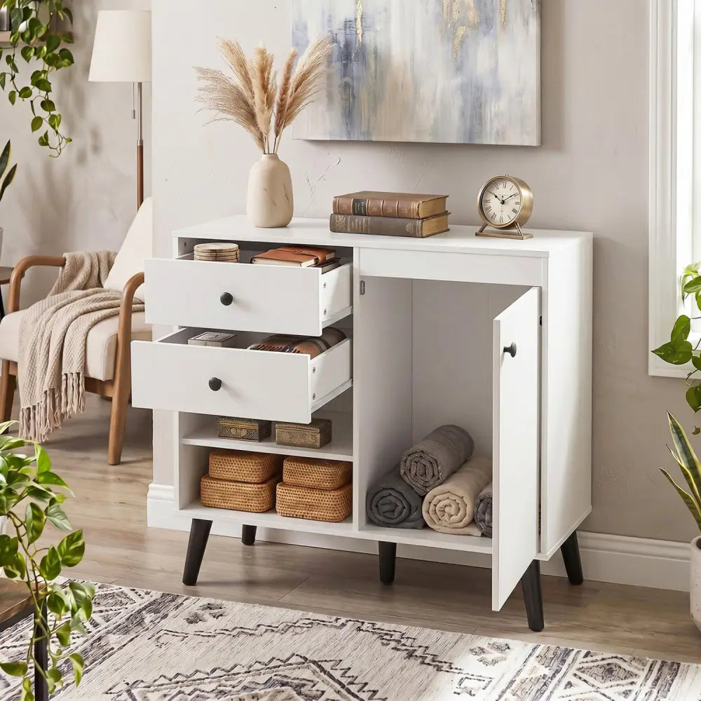 31’’ Sideboard Cabinet with 2 Open Compartments and 2 Drawers-White - White - Sideboards Cabinets & Buffets