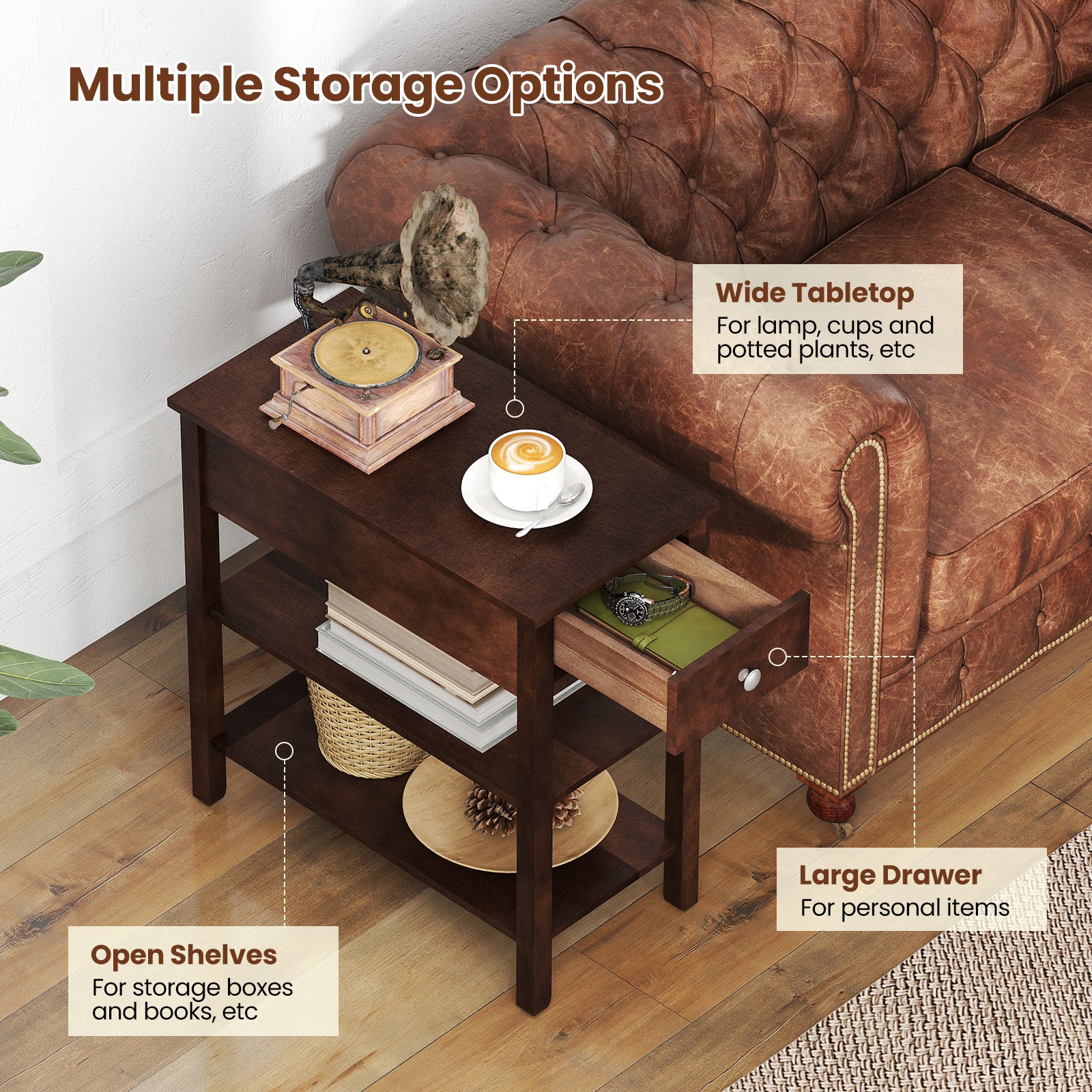 3-Tier Narrow End Table with Drawer and Storage Shelves-Walnut