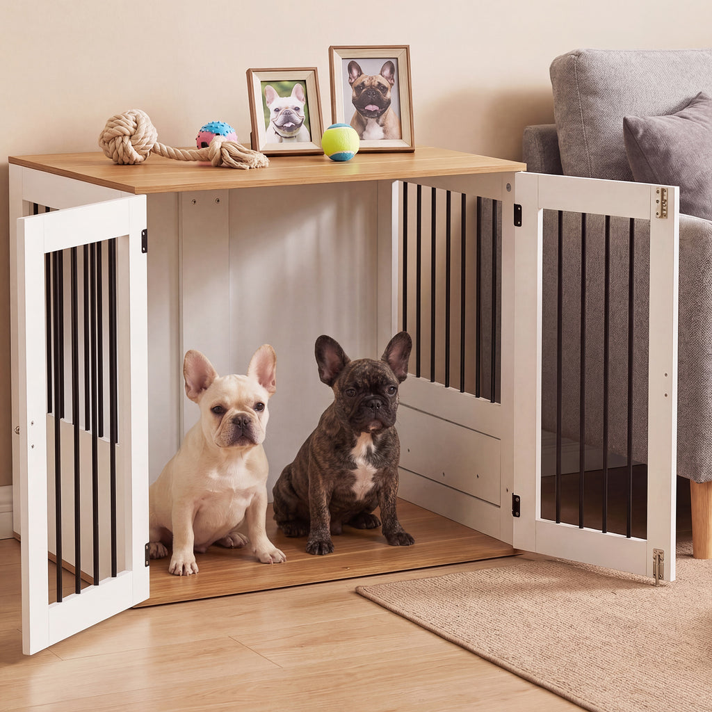 31.5€ Dog Crate Furniture Wooden Dog Kennel with Double Lock Doors-White