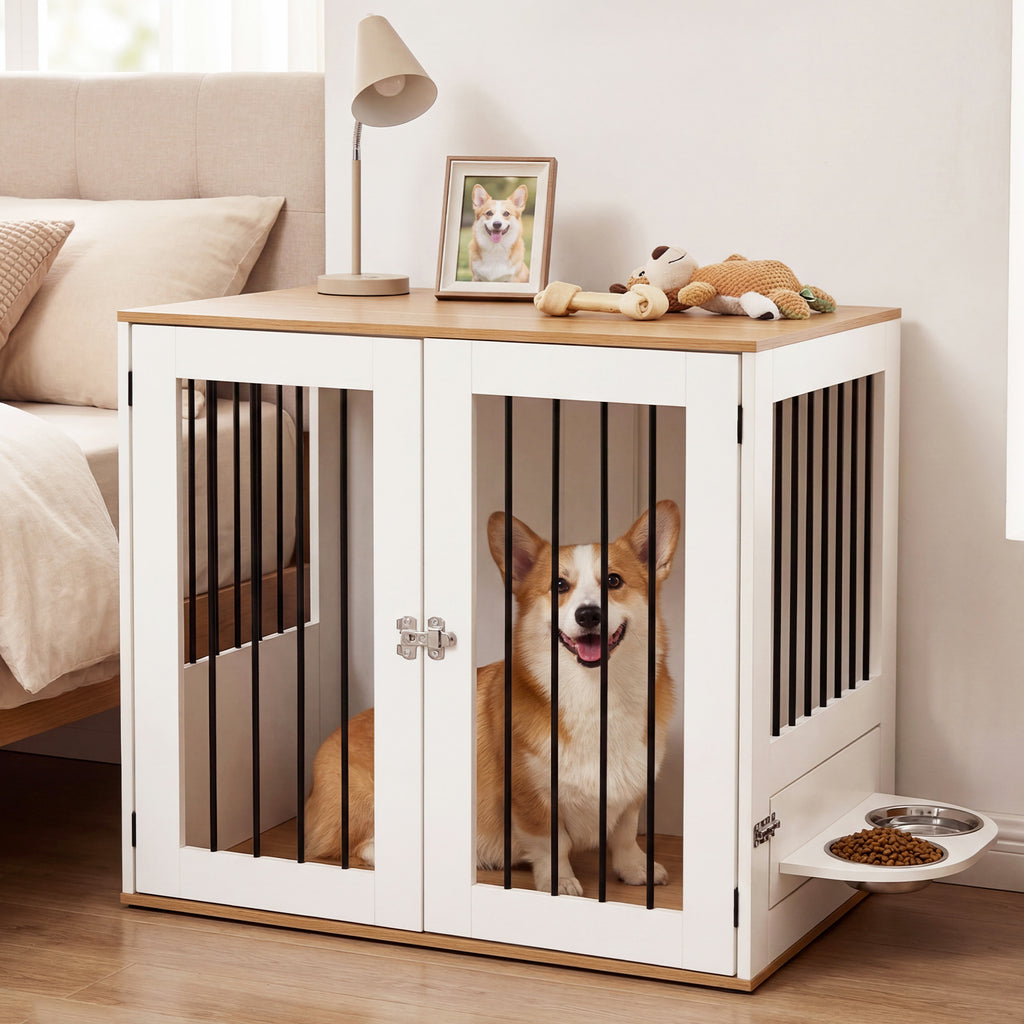 31.5€ Dog Crate Furniture Wooden Dog Kennel with Double Lock Doors-White