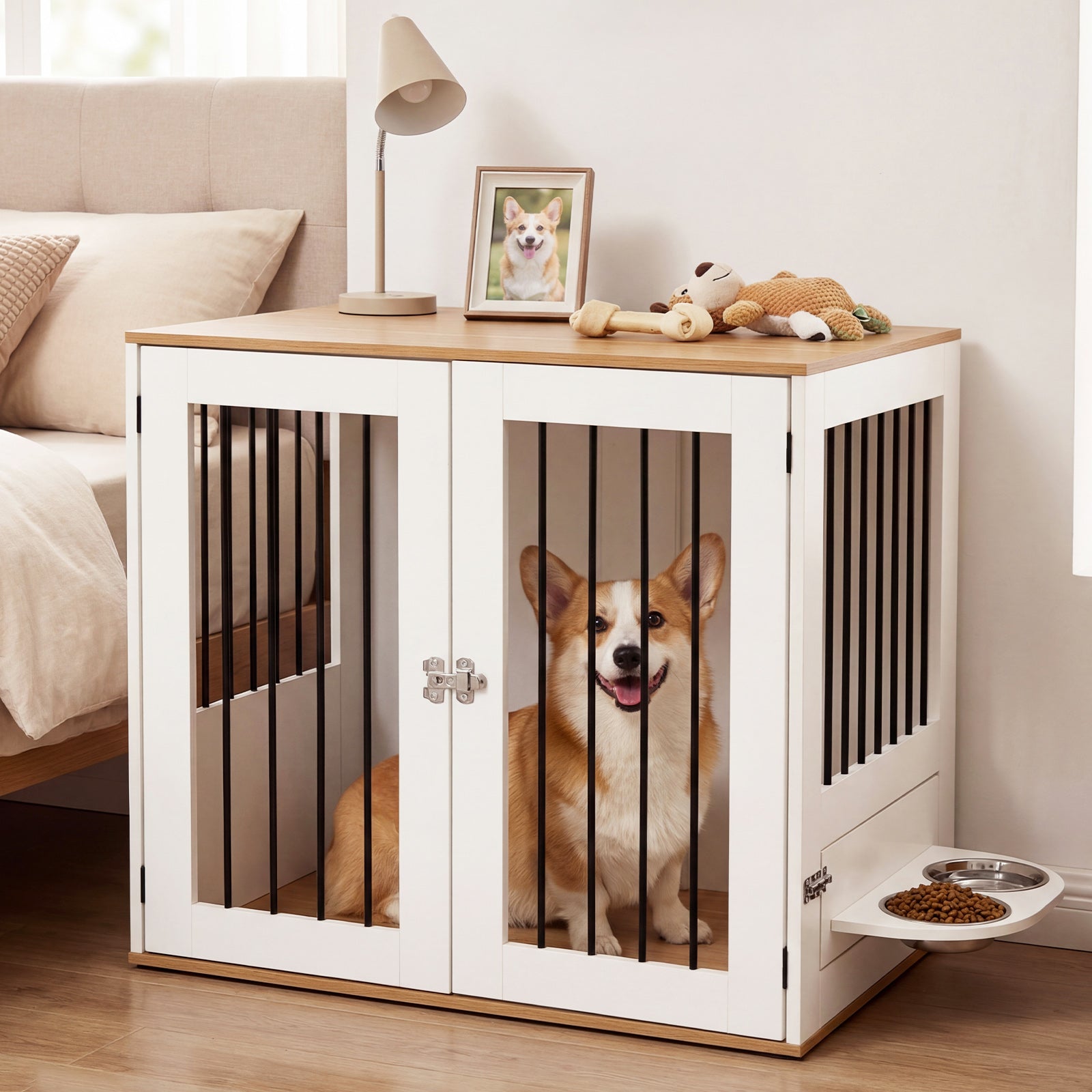 31.5€ Dog Crate Furniture Wooden Dog Kennel with Double Lock Doors-White