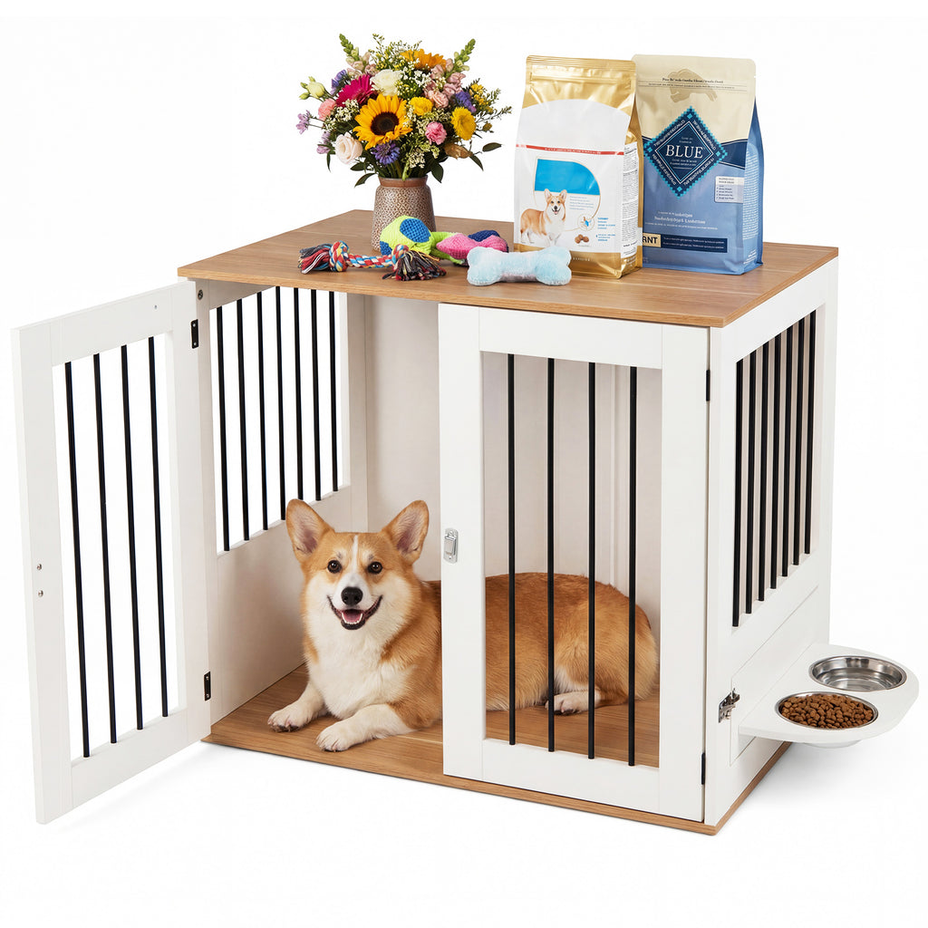 31.5€ Dog Crate Furniture Wooden Dog Kennel with Double Lock Doors-White