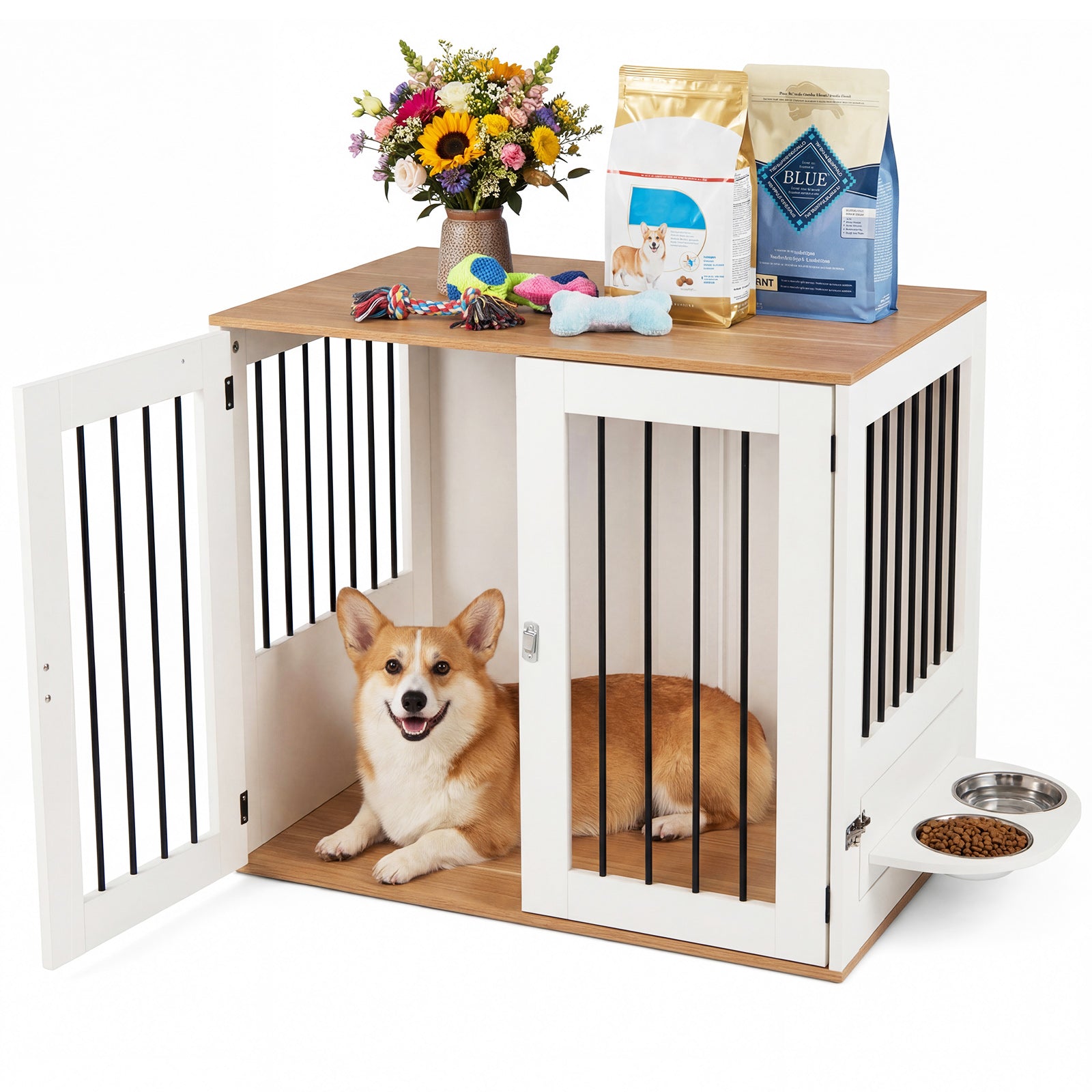31.5€ Dog Crate Furniture Wooden Dog Kennel with Double Lock Doors-White
