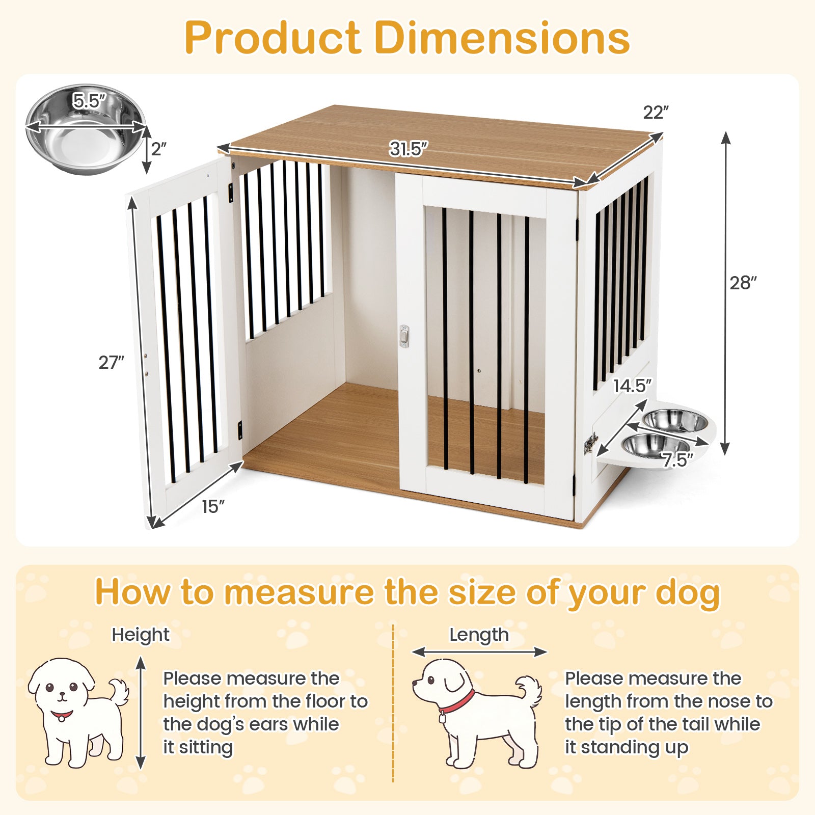 31.5€ Dog Crate Furniture Wooden Dog Kennel with Double Lock Doors-White