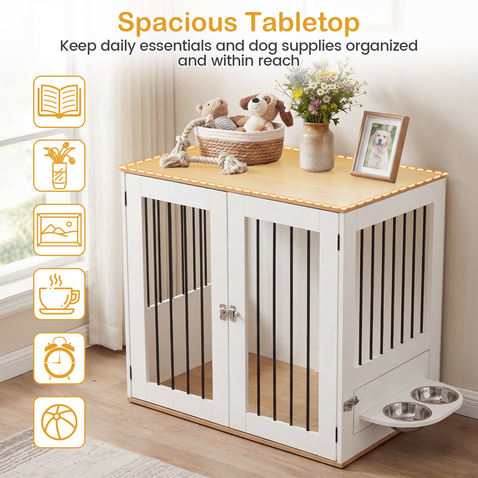 31.5€ Dog Crate Furniture Wooden Dog Kennel with Double Lock Doors-White