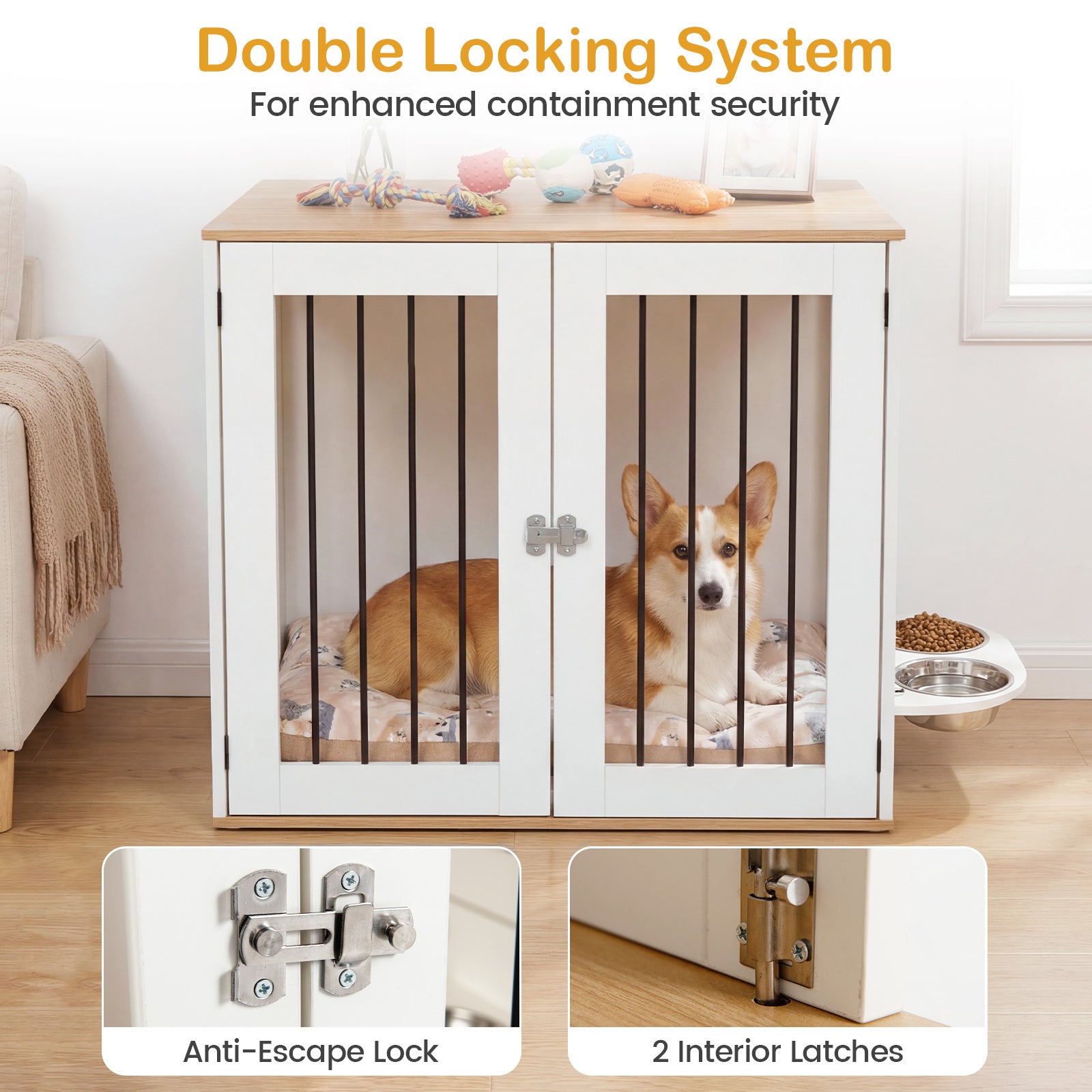31.5€ Dog Crate Furniture Wooden Dog Kennel with Double Lock Doors-White