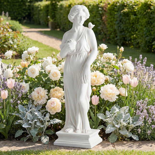 31.5 Inch Outdoor Greek Goddess Statue with Antique Finish and Column Base-White