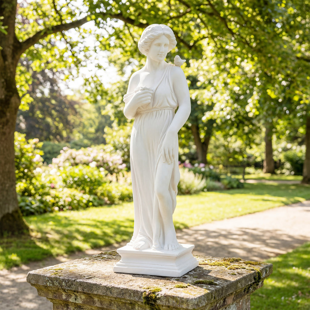 31.5 Inch Outdoor Greek Goddess Statue with Antique Finish and Column Base-White