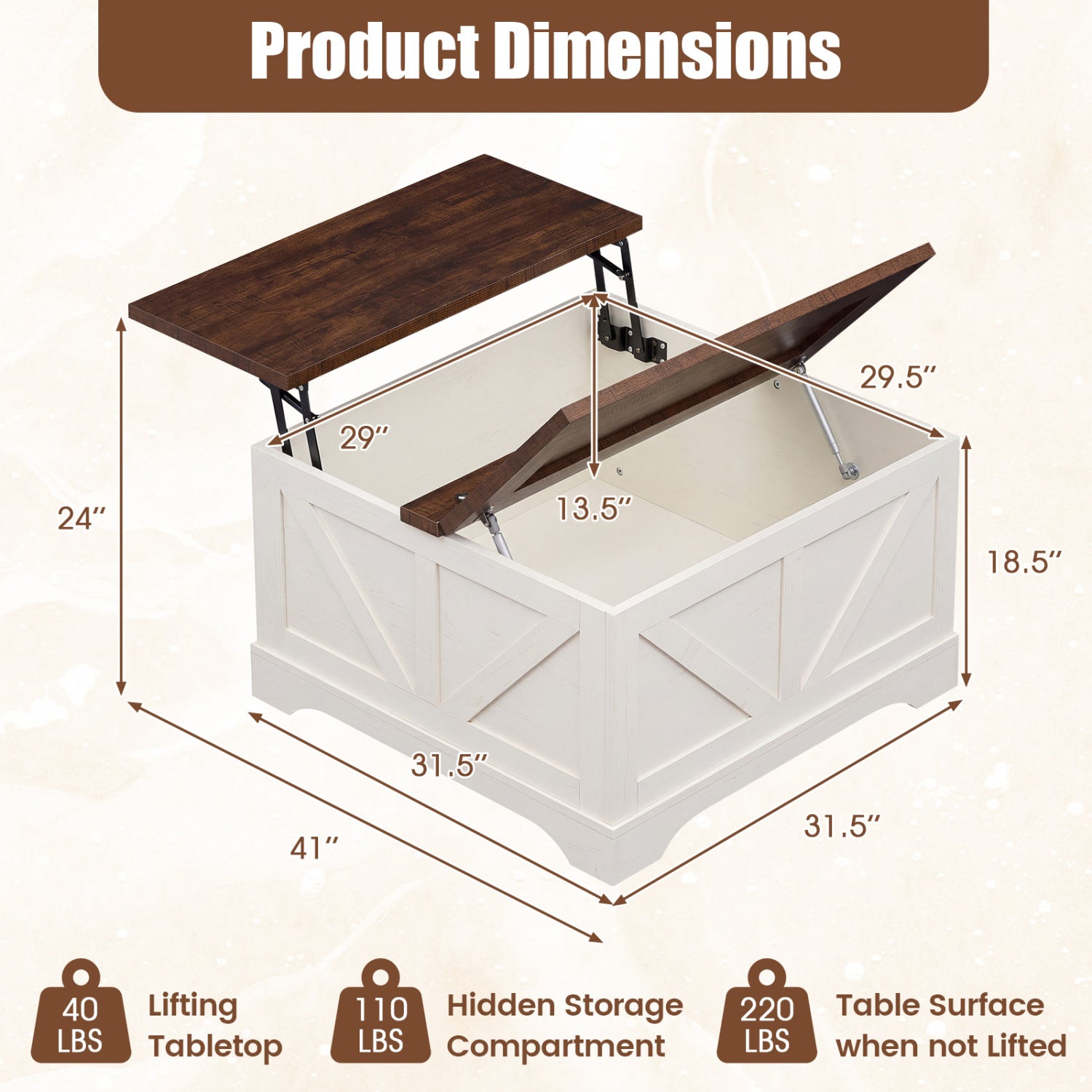31.5 Inch Square Coffee Table with Lifting Tabletop and Hidden Compartment-Rustic Brown