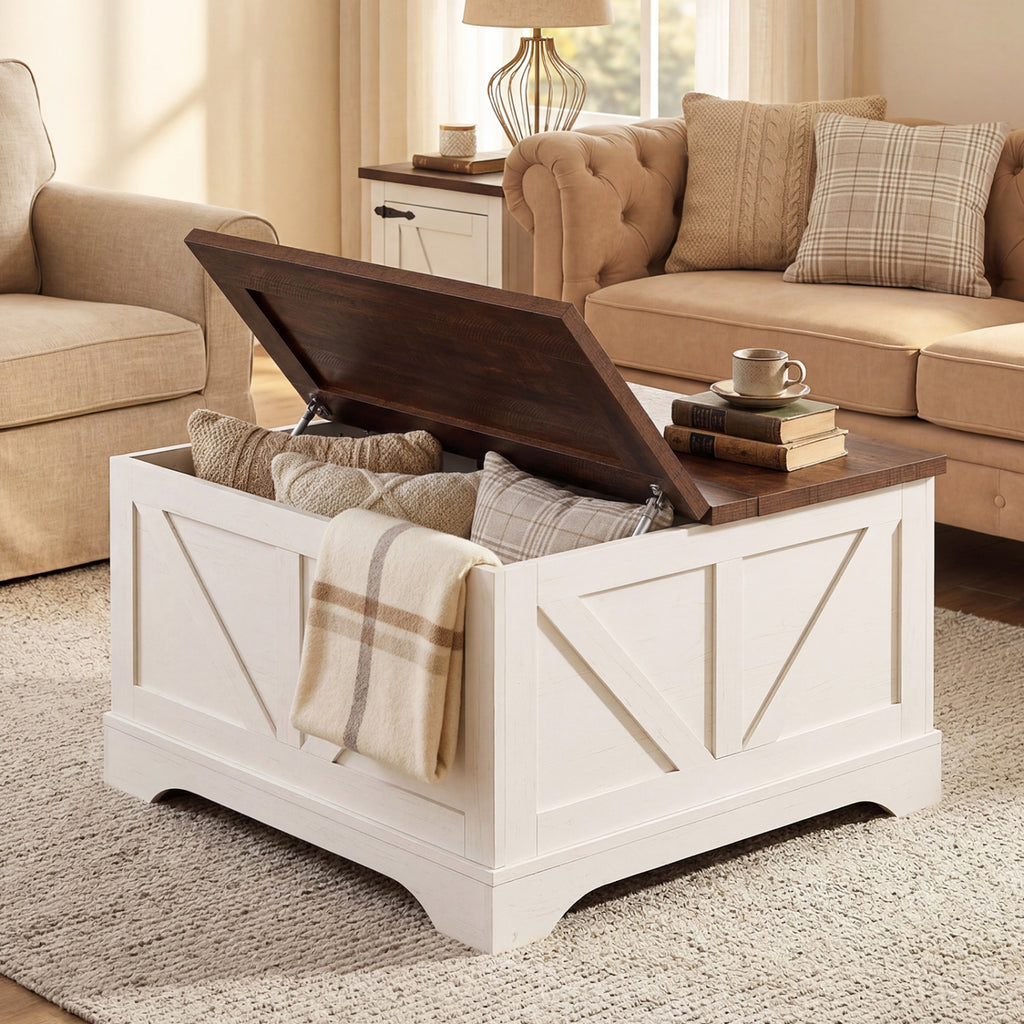 31.5 Inch Square Coffee Table with Lifting Tabletop and Hidden Compartment-Rustic Brown