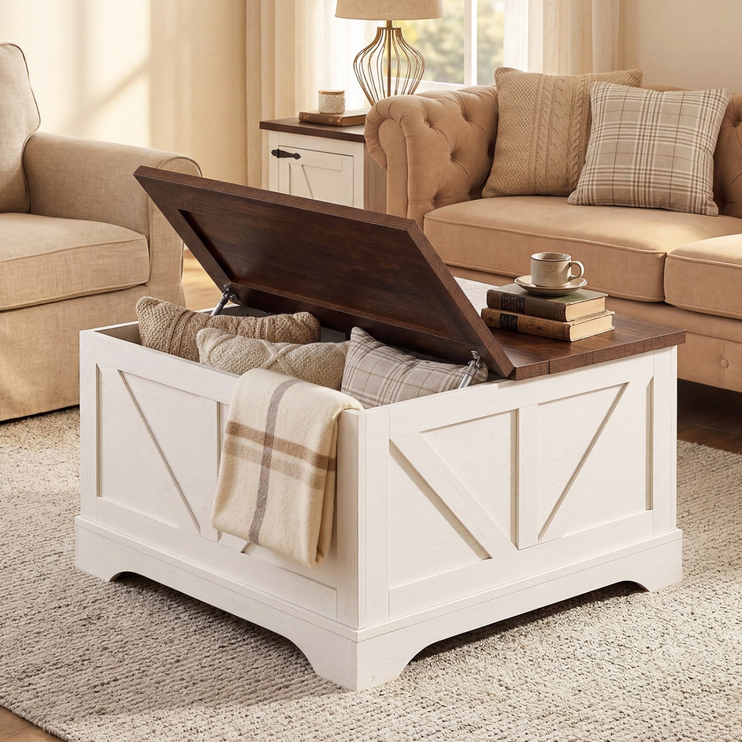 31.5 Inch Square Coffee Table with Lifting Tabletop and Hidden Compartment-Rustic Brown