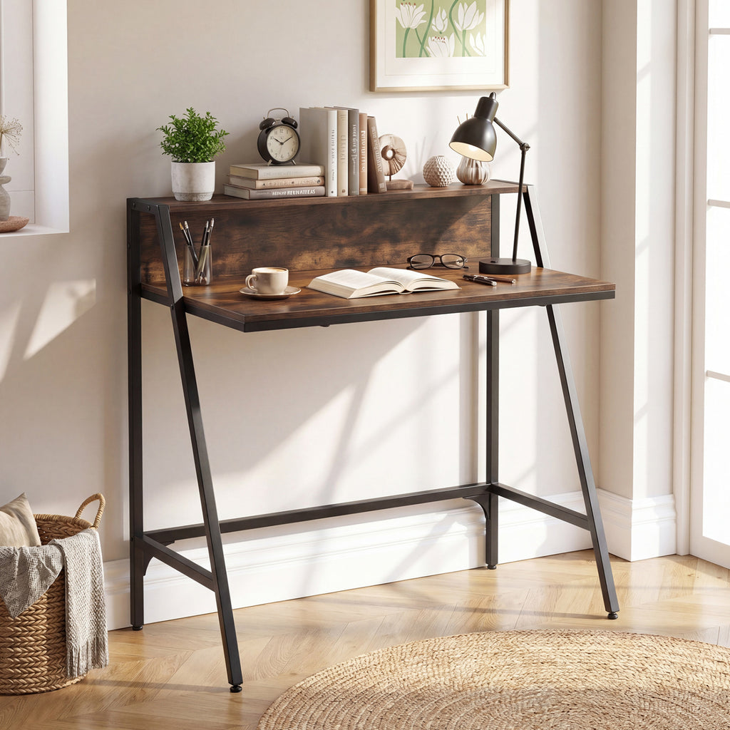 31.5" Industrial Desk with Raised Shelf Metal Frame-Rustic Brown