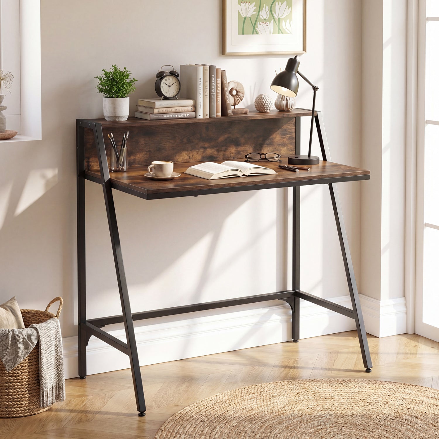 31.5" Industrial Desk with Raised Shelf Metal Frame-Rustic Brown