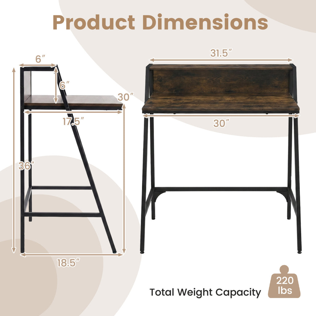 31.5" Industrial Desk with Raised Shelf Metal Frame-Rustic Brown