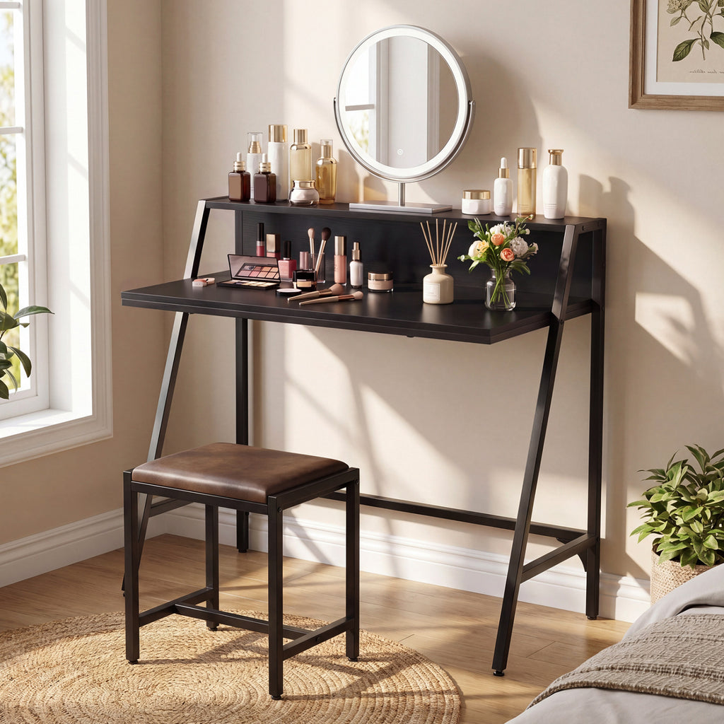 31.5" Industrial Desk with Raised Shelf Metal Frame-Black