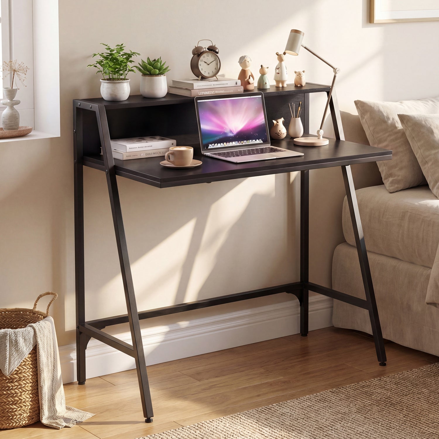 31.5" Industrial Desk with Raised Shelf Metal Frame-Black