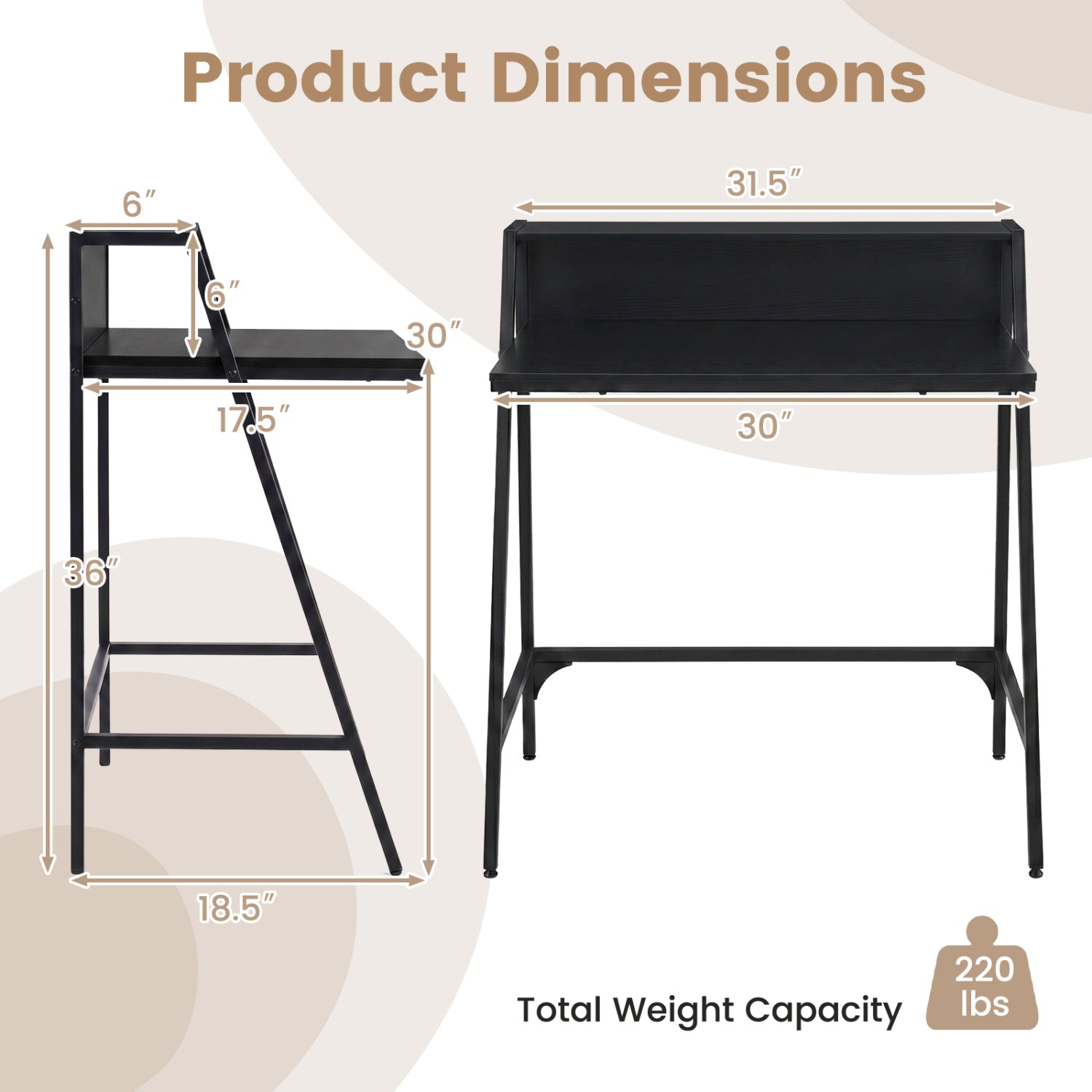 31.5" Industrial Desk with Raised Shelf Metal Frame-Black