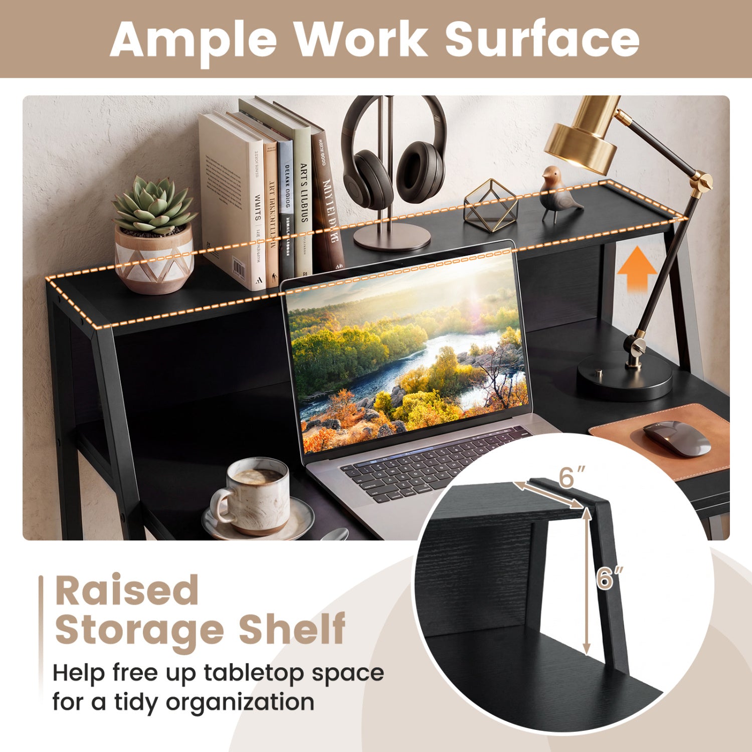 31.5" Industrial Desk with Raised Shelf Metal Frame-Black