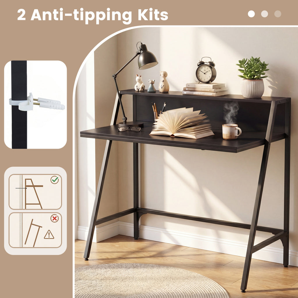 31.5" Industrial Desk with Raised Shelf Metal Frame-Black
