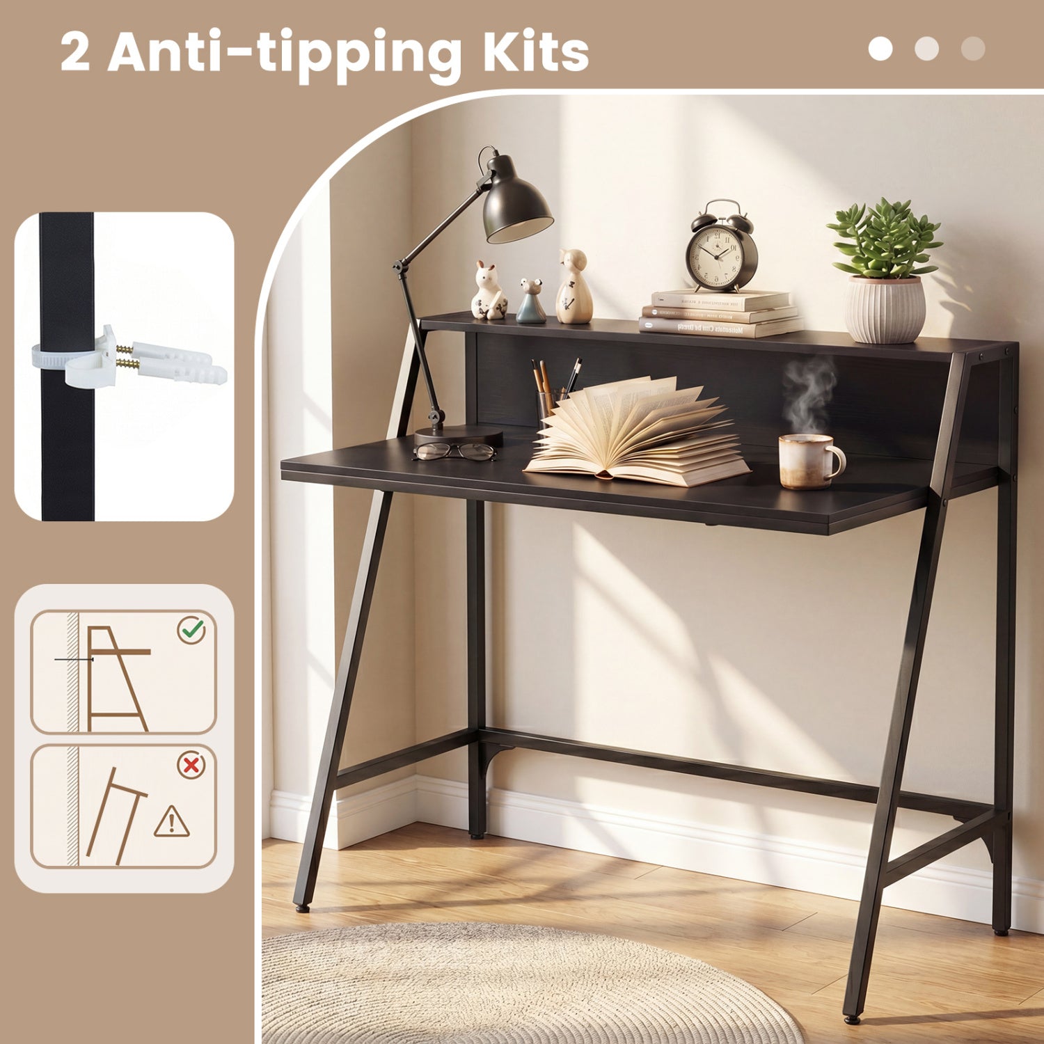 31.5" Industrial Desk with Raised Shelf Metal Frame-Black