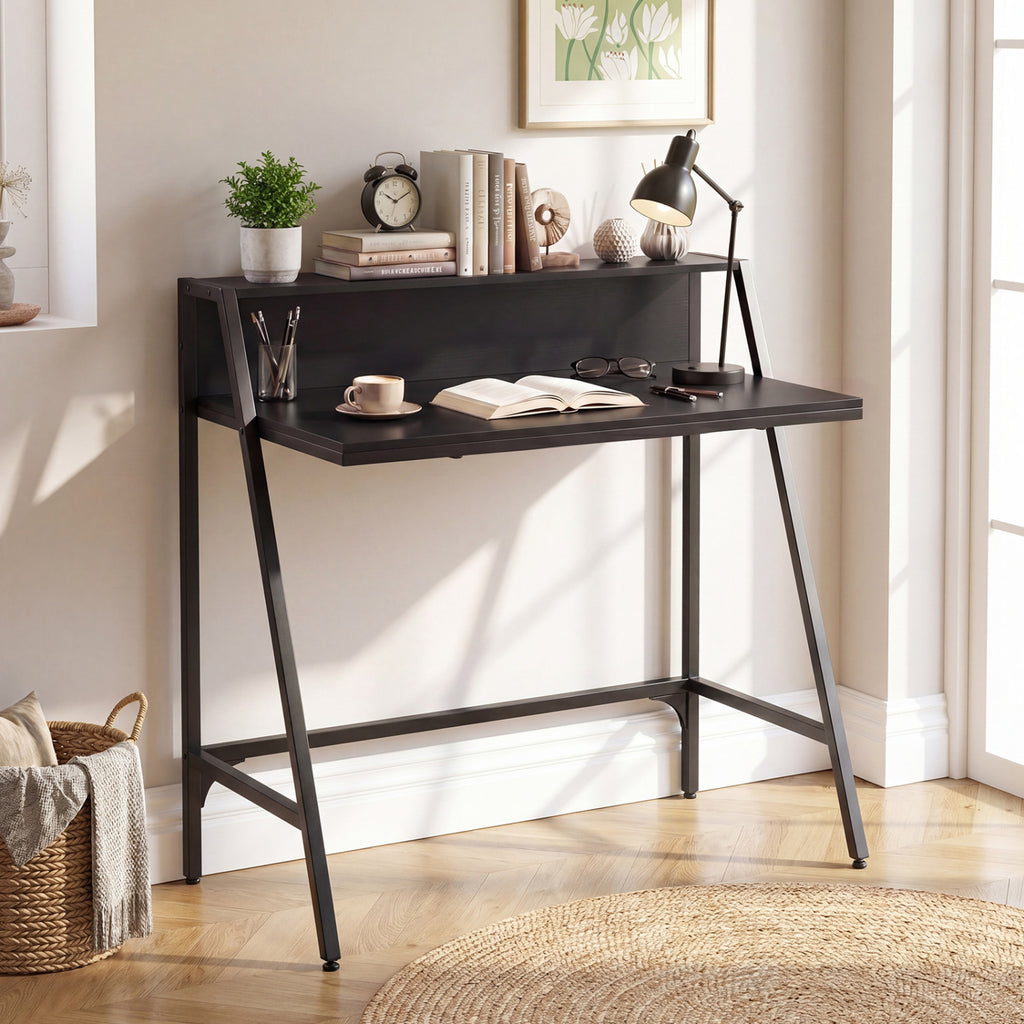 31.5" Industrial Desk with Raised Shelf Metal Frame-Black