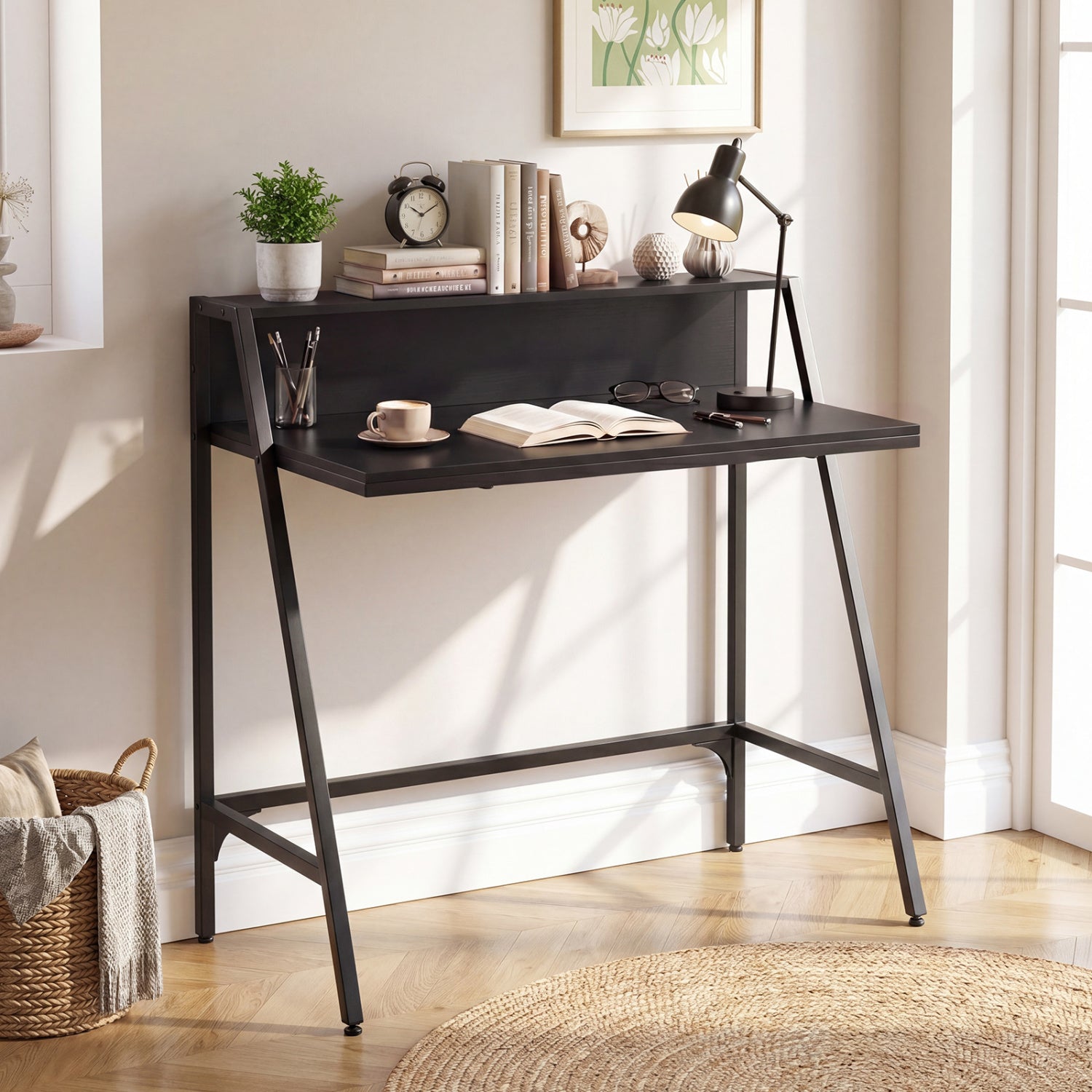 31.5" Industrial Desk with Raised Shelf Metal Frame-Black