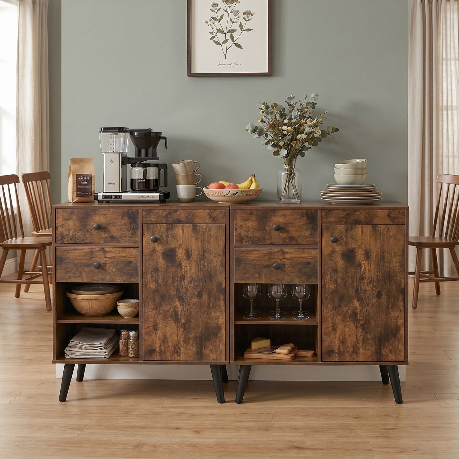 31" Sideboard Cabinet with 2 Open Compartments and 2 Drawers-Rustic Brown