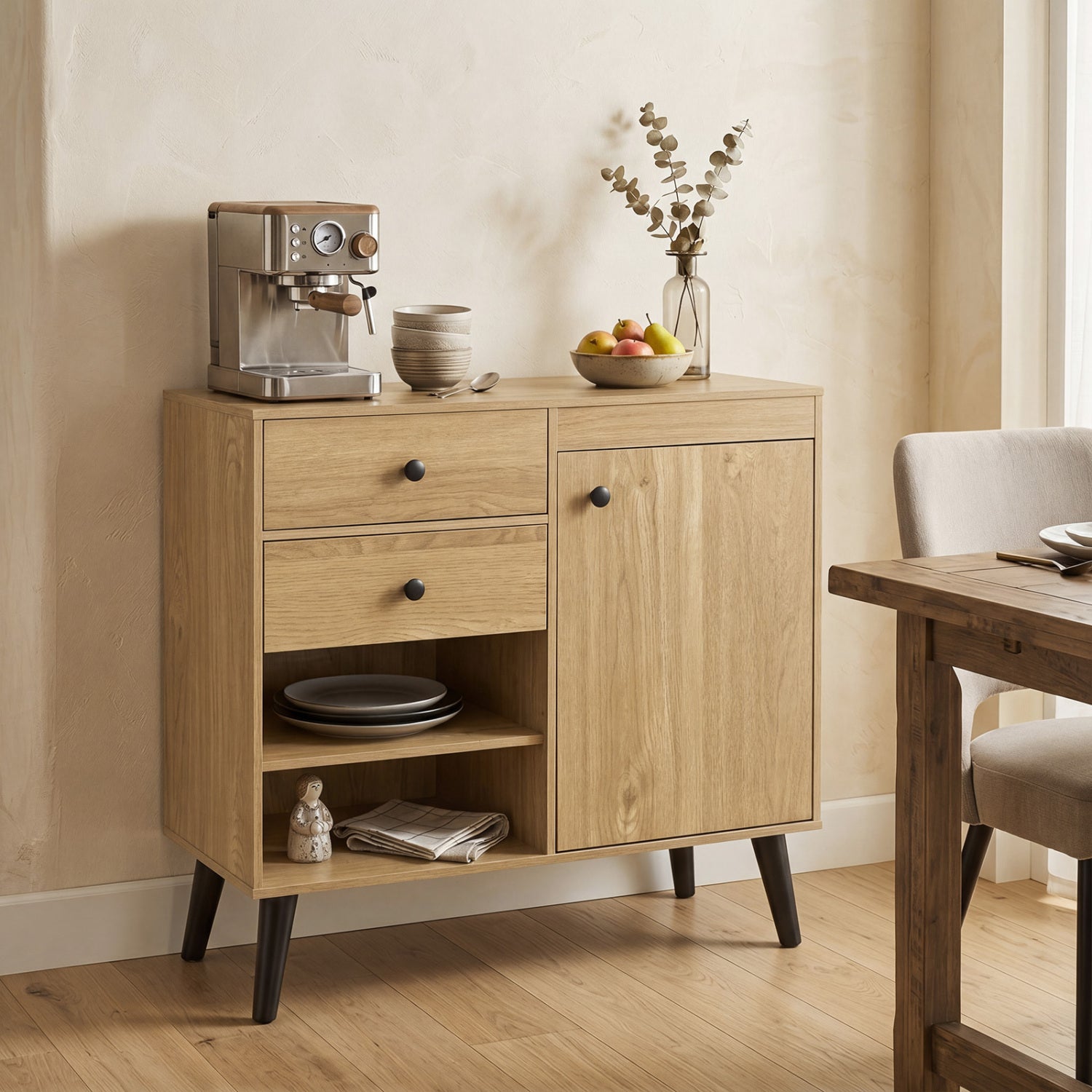 31" Sideboard Cabinet with 2 Open Compartments and 2 Drawers-Natrual