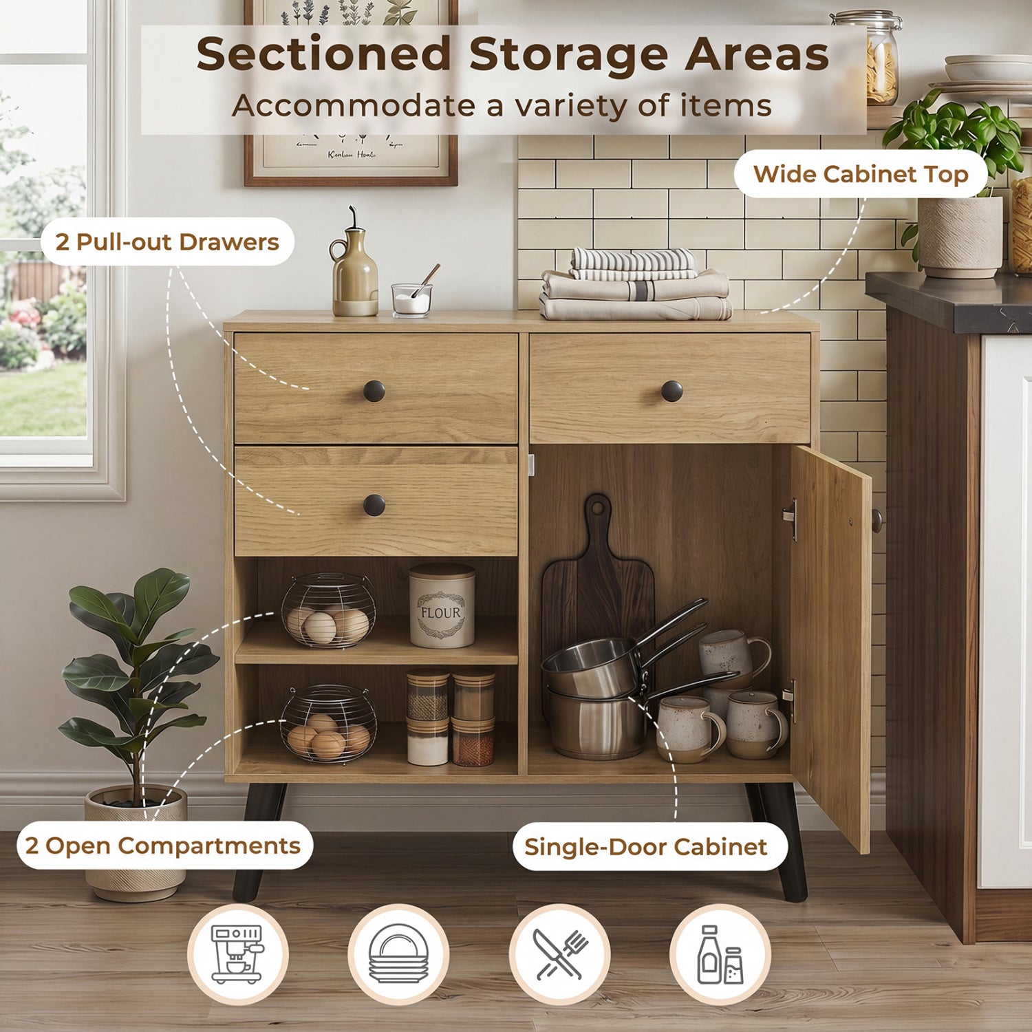 31" Sideboard Cabinet with 2 Open Compartments and 2 Drawers-Natrual