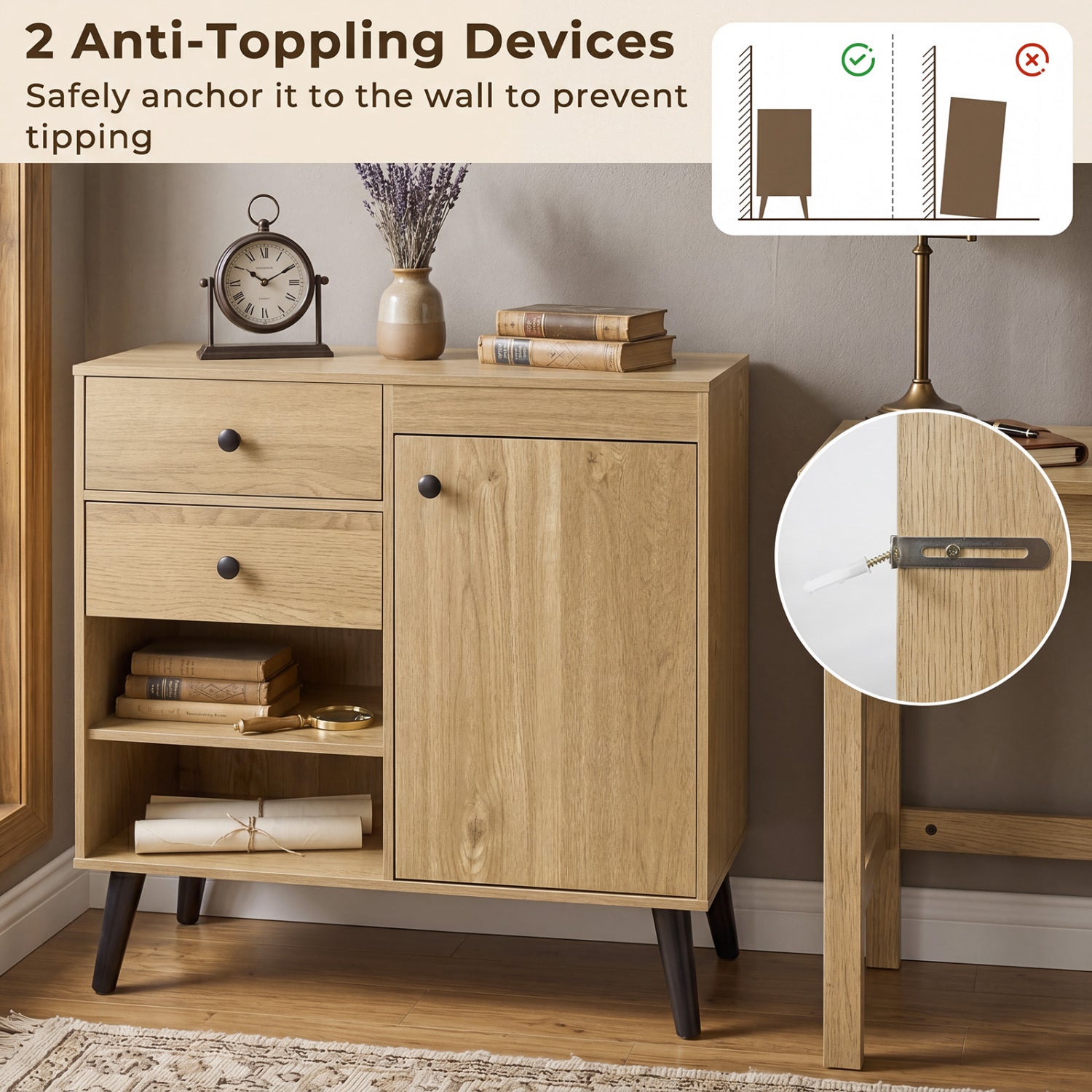 31" Sideboard Cabinet with 2 Open Compartments and 2 Drawers-Natrual