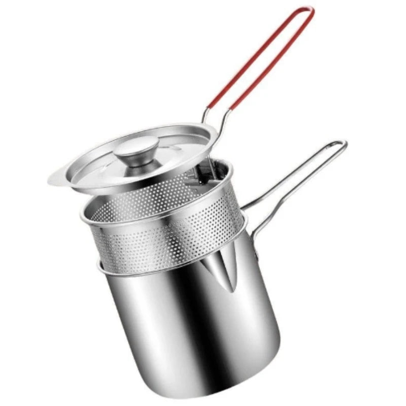 Stainless steel coffee pot with a red handle on a white background