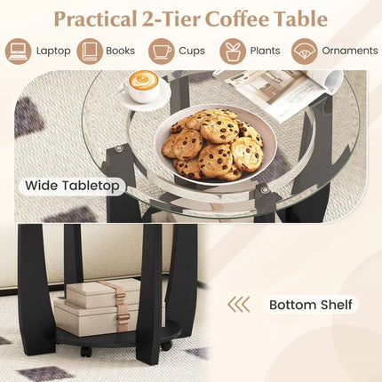 32" 2-Tier Glass Round Coffee Table with Storage Shelf-Black Costway