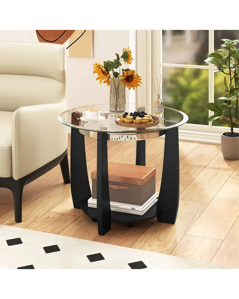 32’’ 2-Tier Glass Round Coffee Table with Storage Shelf-Black - Black - Coffee Tables