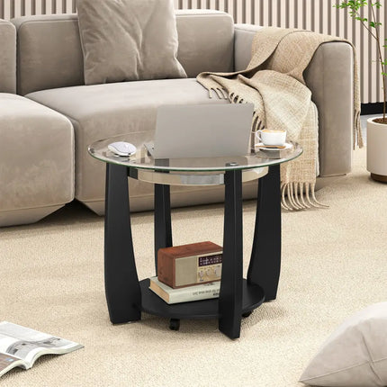 32" 2-Tier Glass Round Coffee Table with Storage Shelf-Black Costway