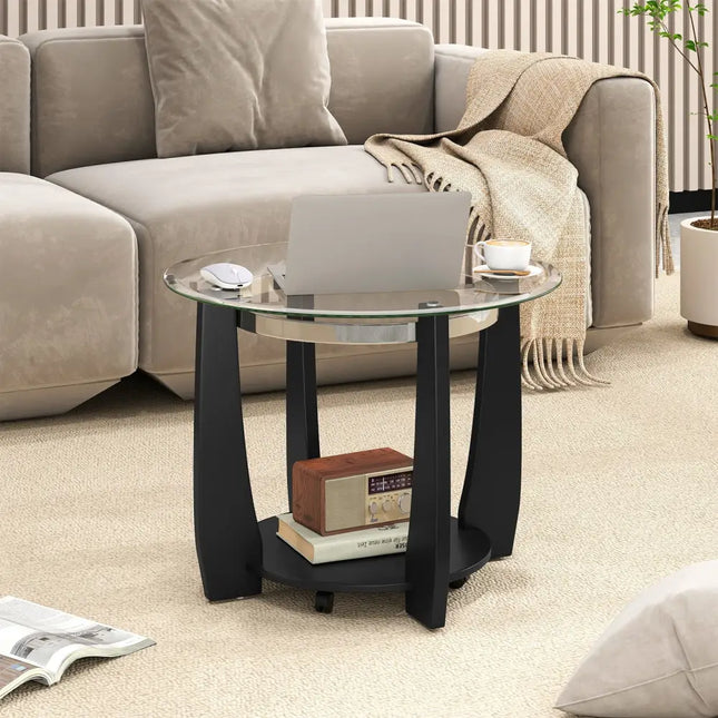 32" 2-Tier Glass Round Coffee Table with Storage Shelf-Black Costway