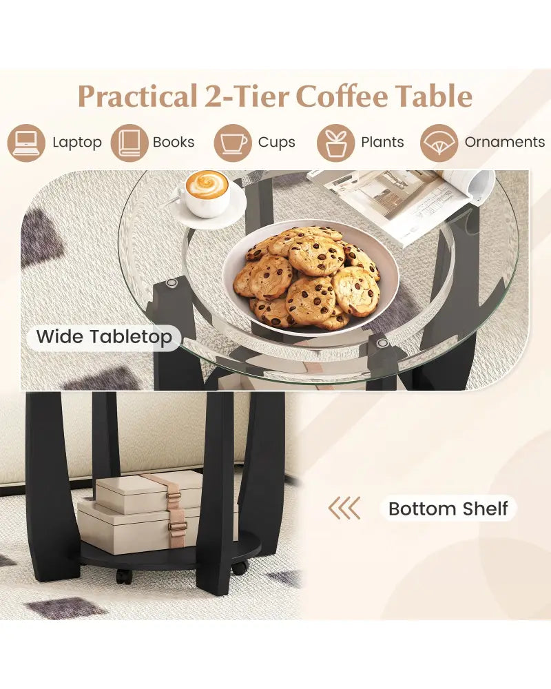 32’’ 2-Tier Glass Round Coffee Table with Storage Shelf-Black - Black - Coffee Tables