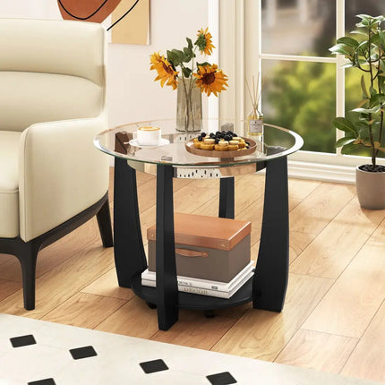32" 2-Tier Glass Round Coffee Table with Storage Shelf-Black Costway