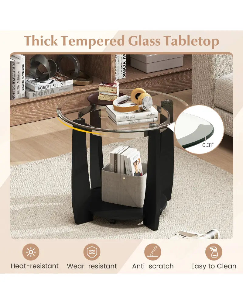 32’’ 2-Tier Glass Round Coffee Table with Storage Shelf-Black - Black - Coffee Tables