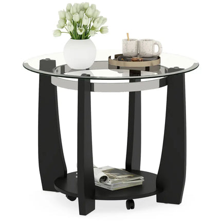 32" 2-Tier Glass Round Coffee Table with Storage Shelf-Black Costway