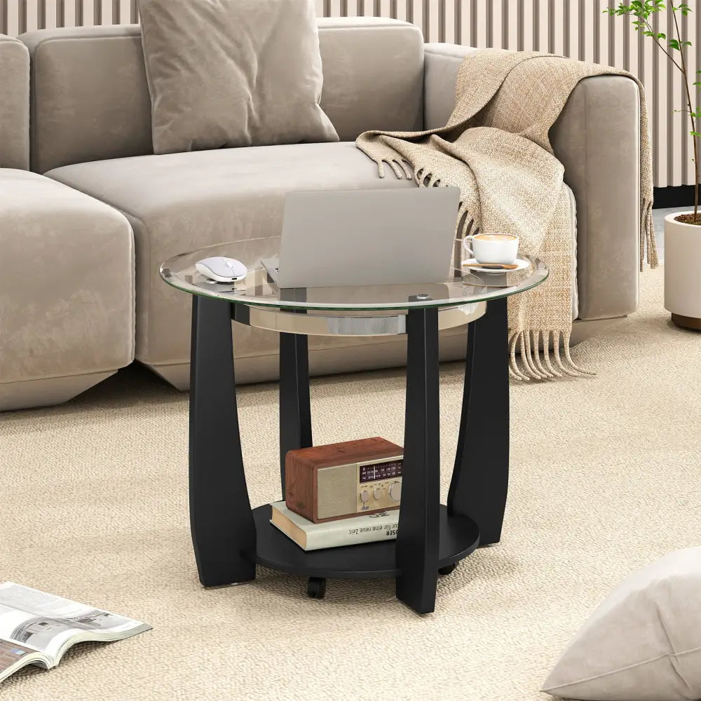 32’’ 2-Tier Glass Round Coffee Table with Storage Shelf-Black - Black - Coffee Tables