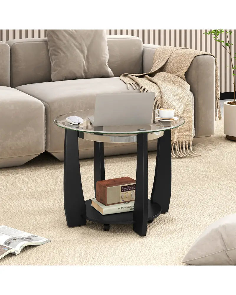 32’’ 2-Tier Glass Round Coffee Table with Storage Shelf-Black - Black - Coffee Tables