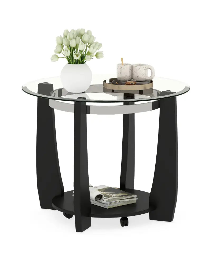 32’’ 2-Tier Glass Round Coffee Table with Storage Shelf-Black - Black - Coffee Tables