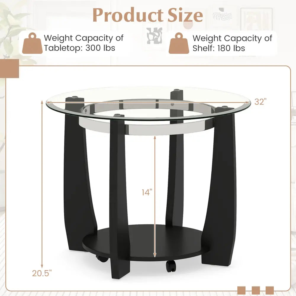 32’’ 2-Tier Glass Round Coffee Table with Storage Shelf-Black - Black - Coffee Tables