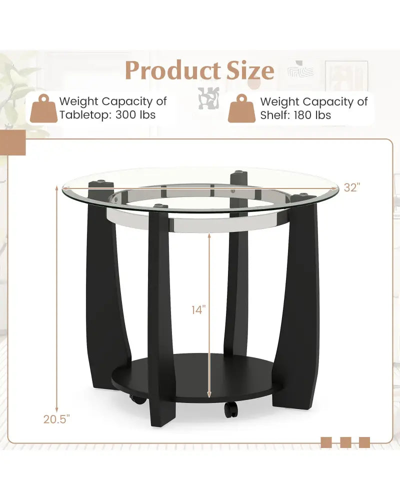 32’’ 2-Tier Glass Round Coffee Table with Storage Shelf-Black - Black - Coffee Tables