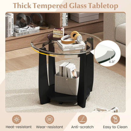 32" 2-Tier Glass Round Coffee Table with Storage Shelf-Black Costway
