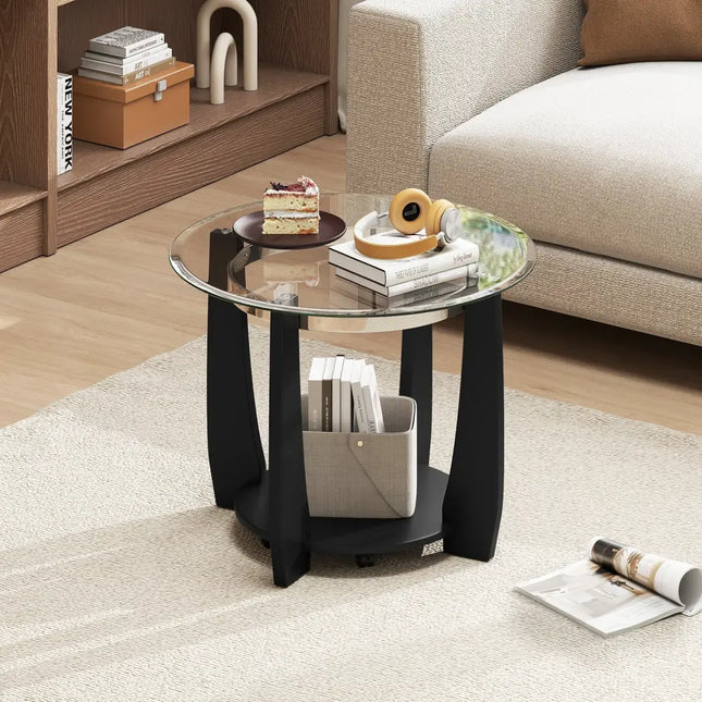 32" 2-Tier Glass Round Coffee Table with Storage Shelf-Black Costway