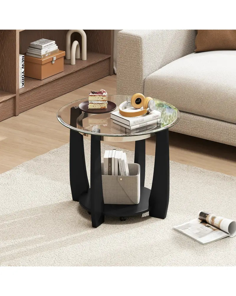 32’’ 2-Tier Glass Round Coffee Table with Storage Shelf-Black - Black - Coffee Tables