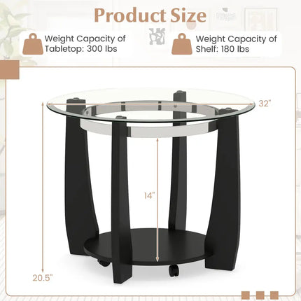 32" 2-Tier Glass Round Coffee Table with Storage Shelf-Black Costway