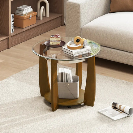 32" 2-Tier Glass Round Coffee Table with Storage Shelf-Walnut Costway